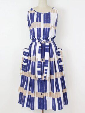 Vintage 80s Striped Blue and White Fit & Flare Sundress with Pockets - Med/LG